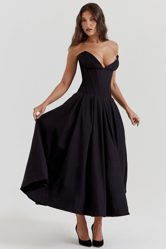 Women's midi dress – Strapless – Structured waist – A-line – Silky fabric