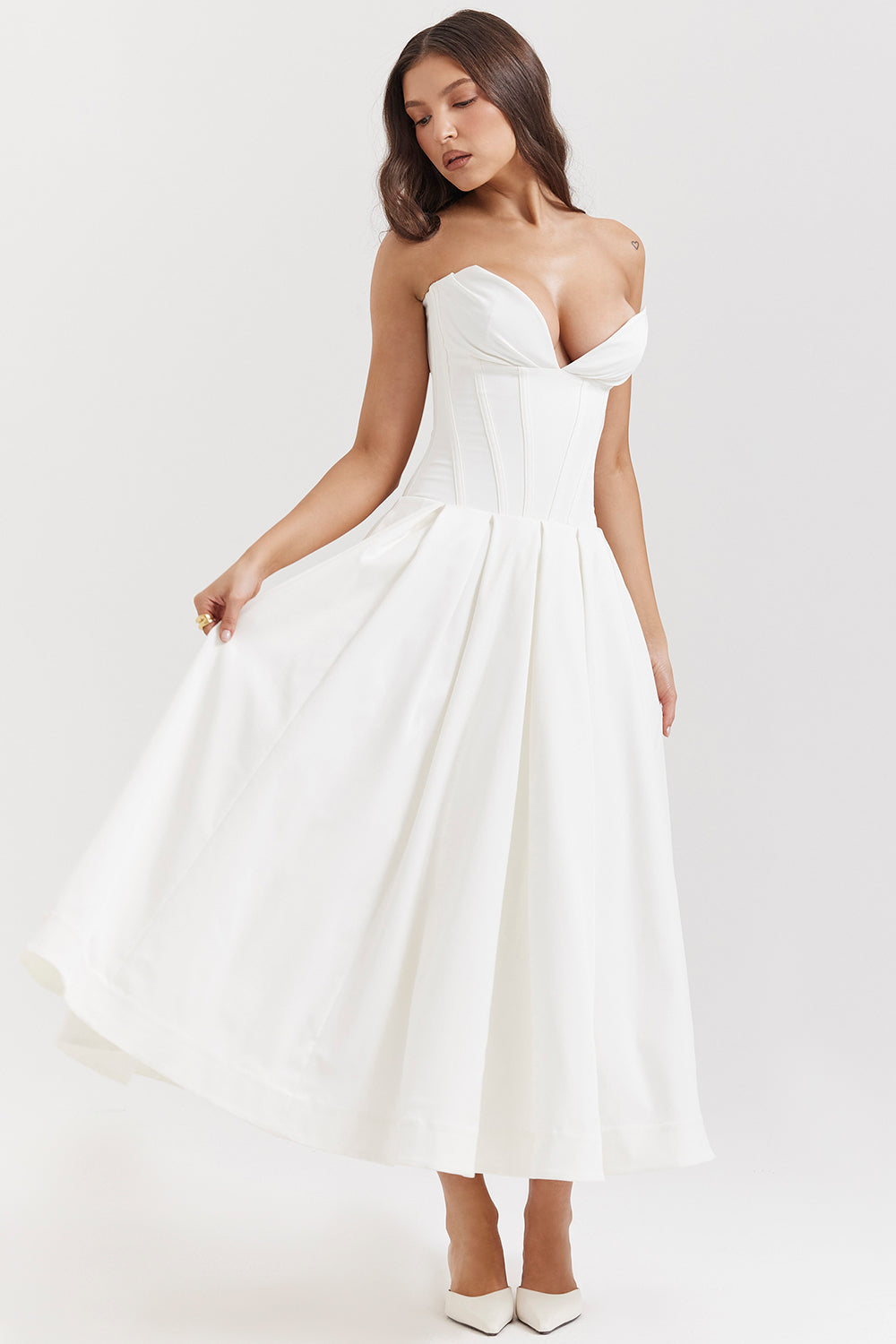 Women's midi dress – Strapless – Structured waist – A-line – Silky fabric