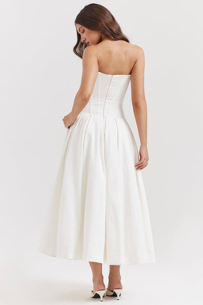 Women's midi dress – Strapless – Structured waist – A-line – Silky fabric
