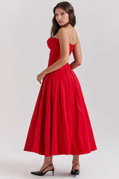 Women's midi dress – Strapless – Structured waist – A-line – Silky fabric