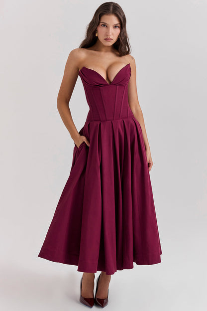 Women's midi dress – Strapless – Structured waist – A-line – Silky fabric