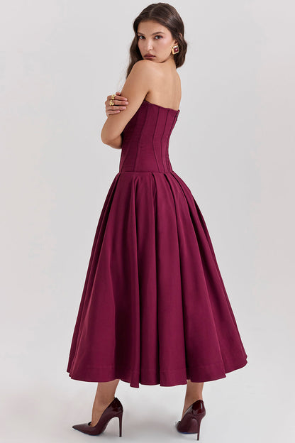 Women's midi dress – Strapless – Structured waist – A-line – Silky fabric