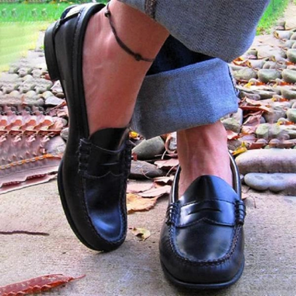 Women's Shoes Loafers – Classic Slip-On – Comfort Sole – Moc Toe with Penny Strap