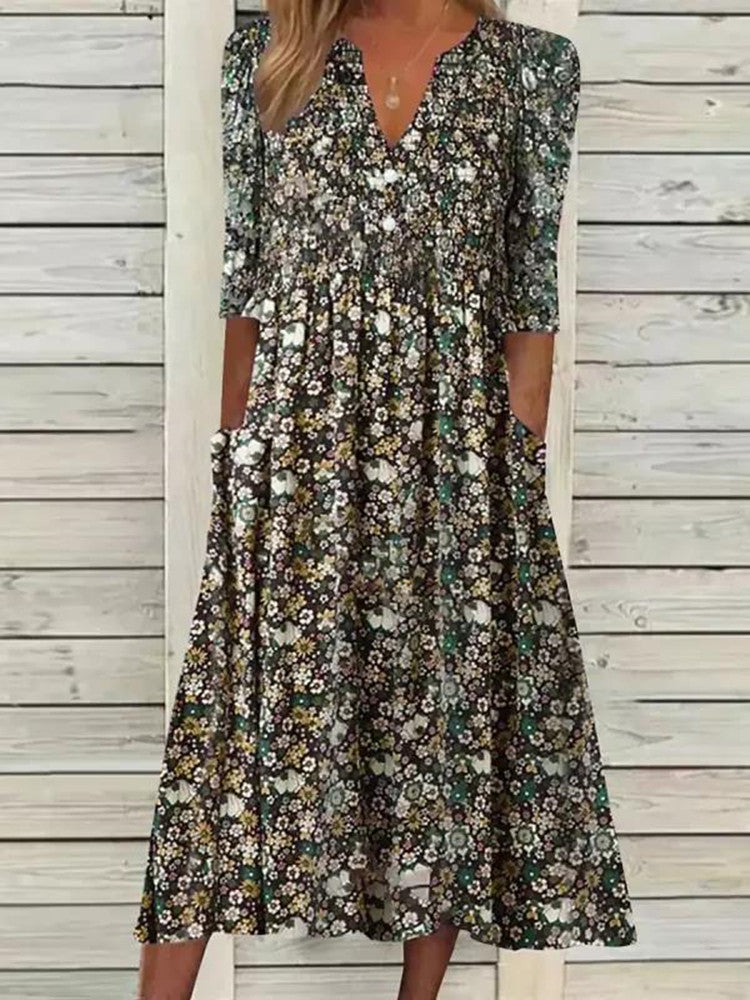 Dress for Women - Midi Length - V-neck - Floral Print - A-line Fit - 3/4 Sleeves