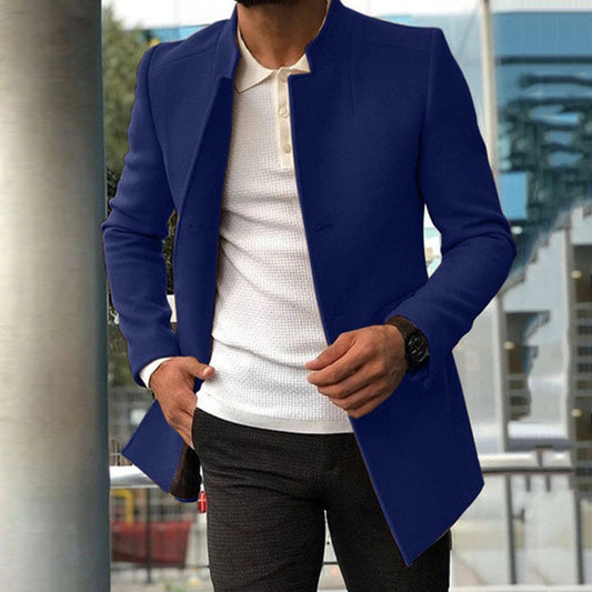 Men's Coat - Slim Fit - Stand Collar - Minimalist Design - Medium Length