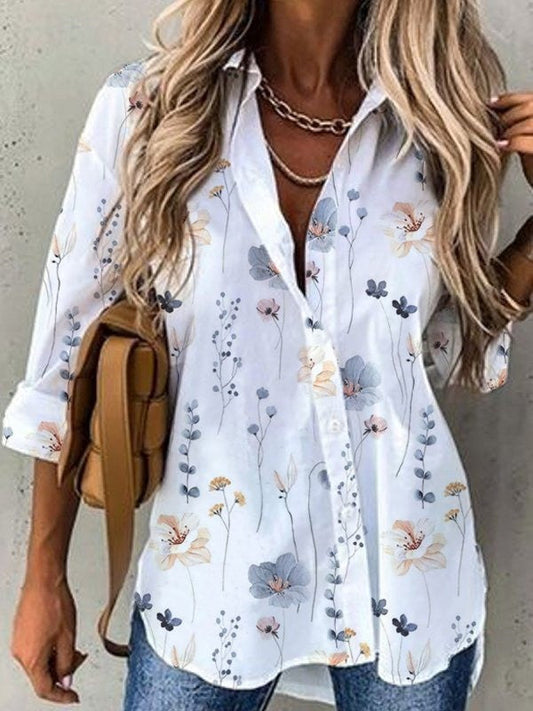 Women's Blouse – Loose Fit – Shirt Collar – Floral Print – Breathable Fabric – Button Closure