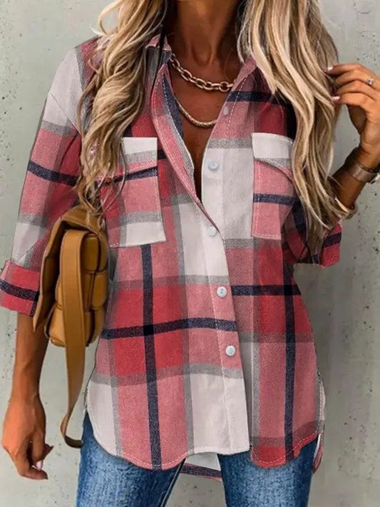 Women's Blouse – Loose Fit – Breathable Fabric – Checkered Pattern – Long Sleeves with Tab