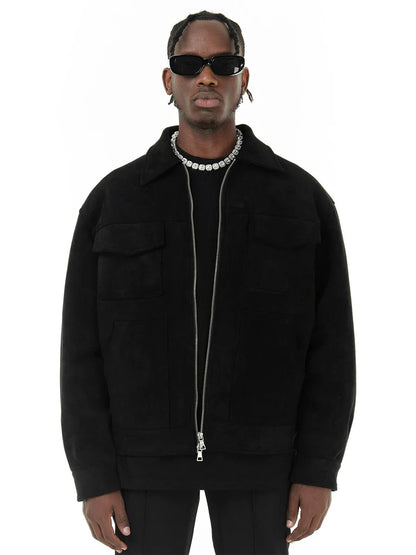 Men's Jacket – Oversized Fit – Suede Look – Zipper – Chest Pockets – Classic Collar