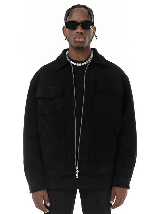 Men's Jacket – Oversized Fit – Suede Look – Zipper – Chest Pockets – Classic Collar