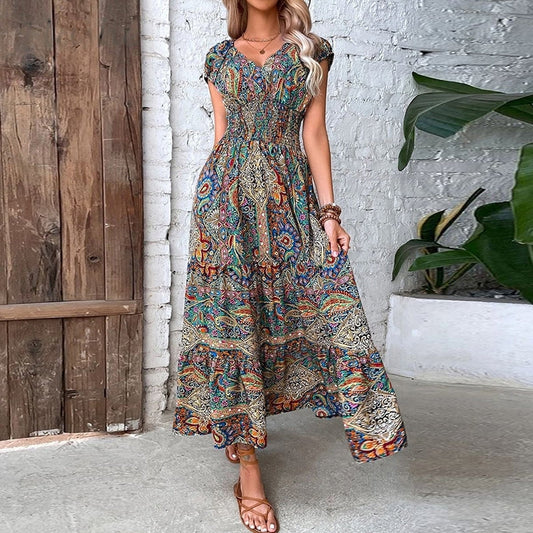 Women's Maxi Dress - Bohemian Design - V-neck - Short Sleeves - Elastic Waist