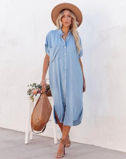 Women's Shirt Dress – Relaxed Fit – Short Sleeve – Button Closure – Breathable Fabric