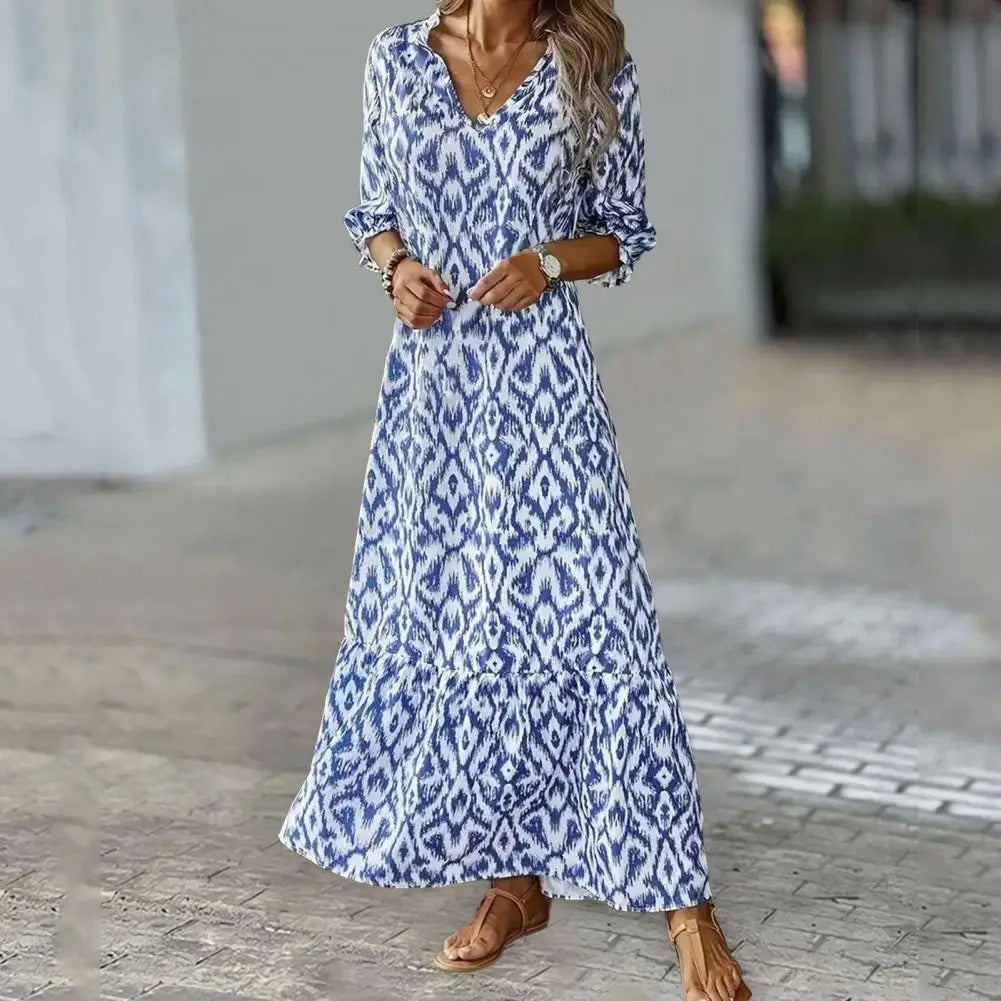Dress for Women – Maxi Dress – Relaxed Fit – Ikat Pattern – 3/4 Sleeves – Breathable Fabric