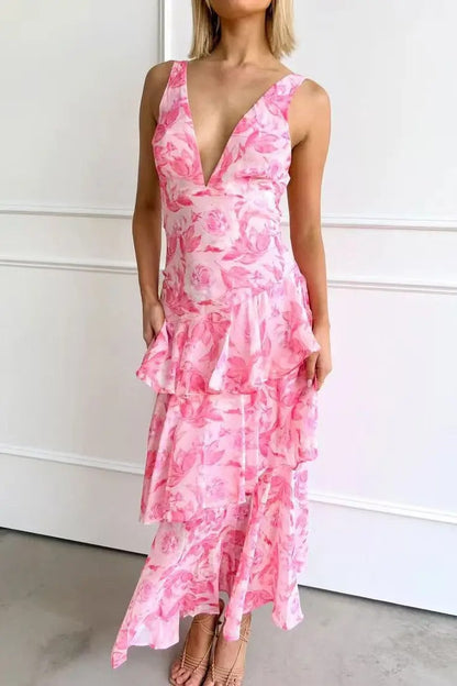 Dress for Women – Maxi – Slim Fit – Deep V-Neck – Luxurious Fabric – Ruffle Skirt