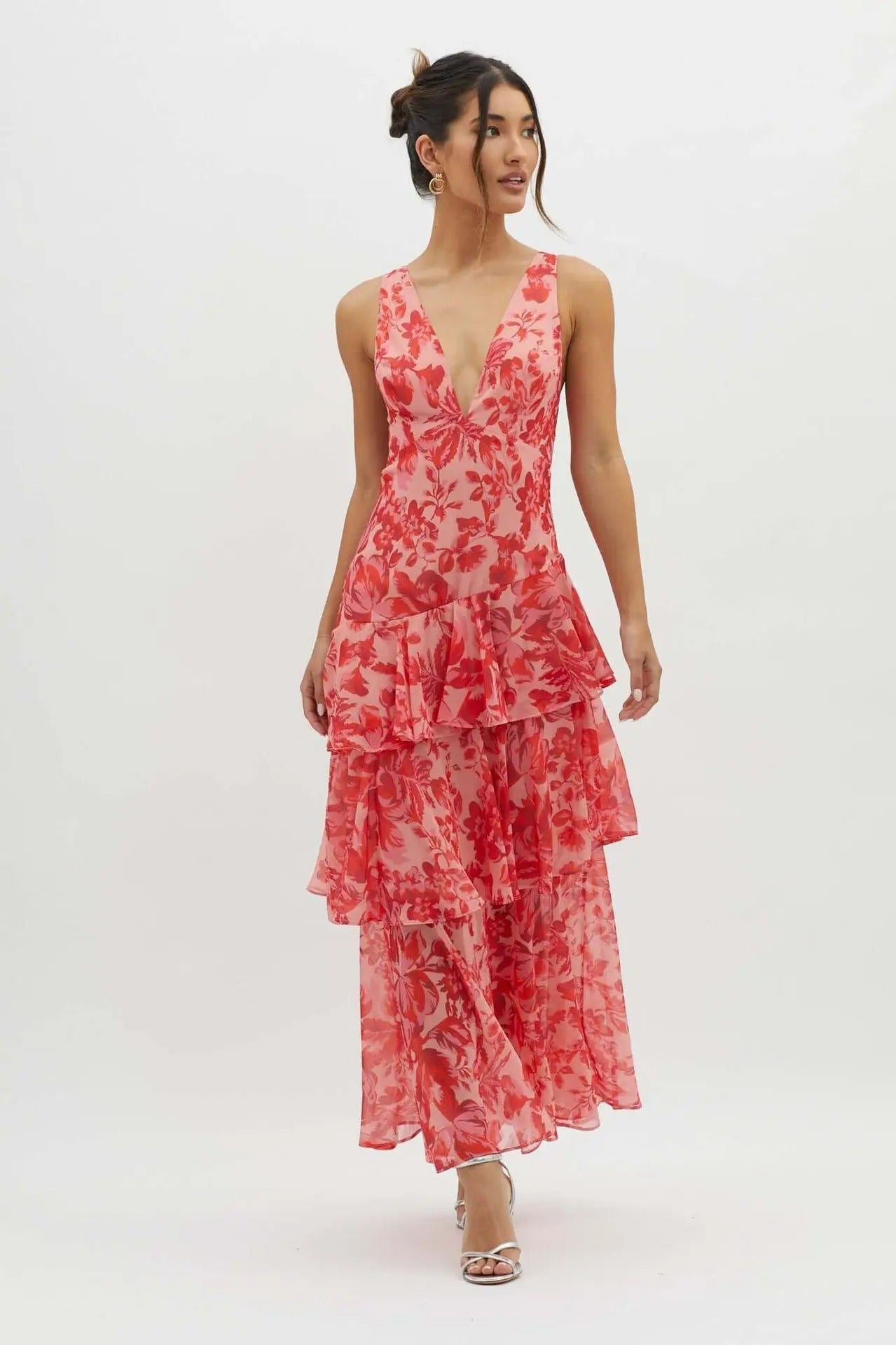 Dress for Women – Maxi – Slim Fit – Deep V-Neck – Luxurious Fabric – Ruffle Skirt