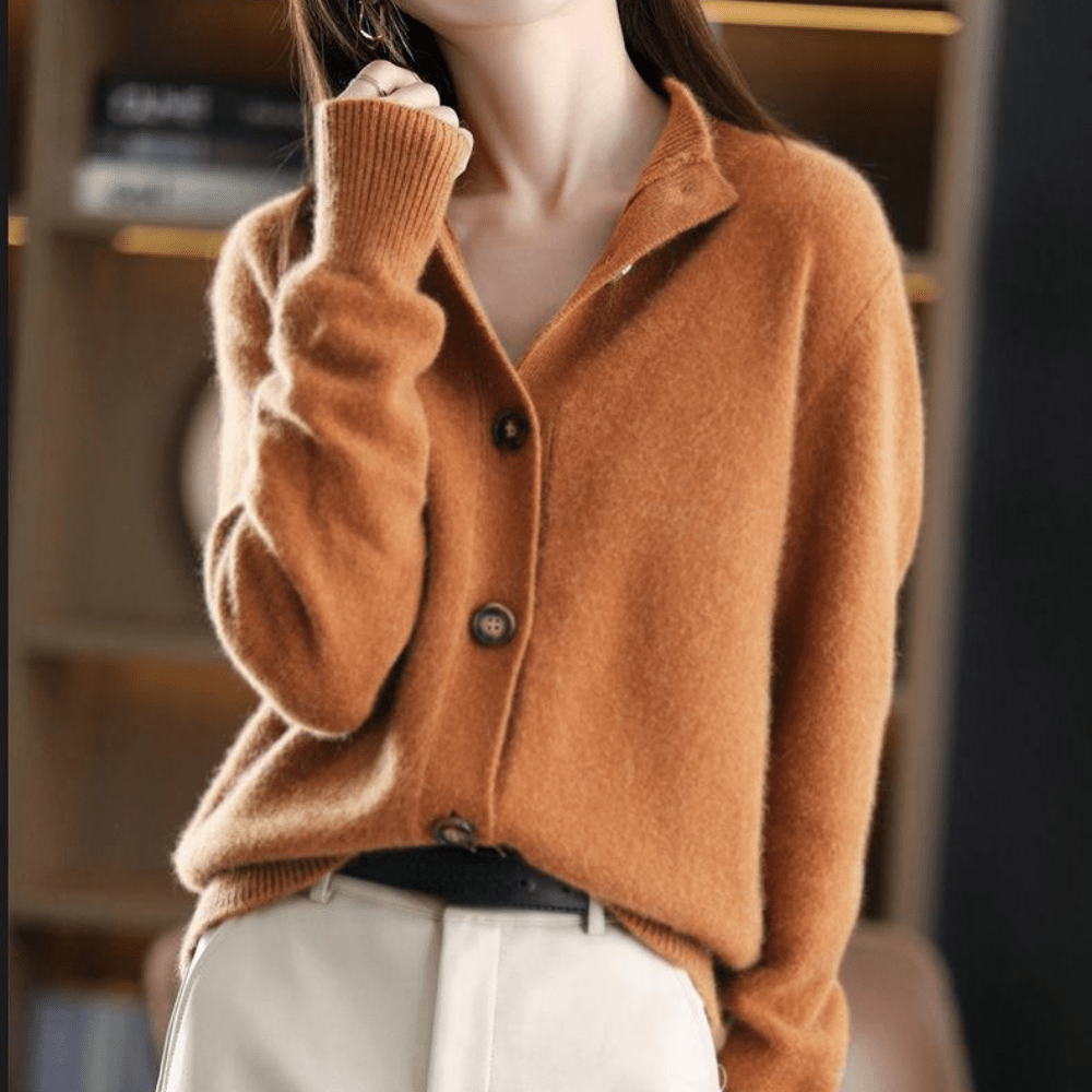 Women's Cardigan - Soft Wool Blend - Loose Fit - Notch Collar - Button Closure