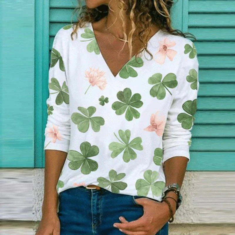 Women's Blouse – V-Neck – Loose Fit – Breathable Fabric – Abstract Floral Pattern