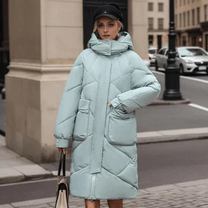Women’s Coat - Quilted Fabric - Oversized Fit - Hooded - Adjustable Cuffs - Maxi Length