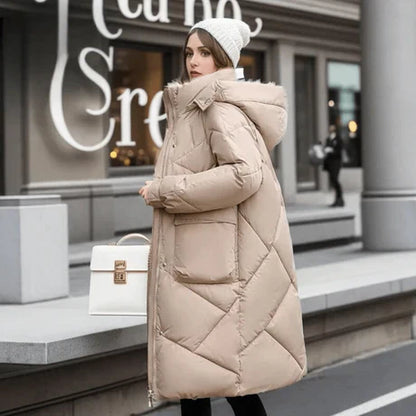 Women’s Coat - Quilted Fabric - Oversized Fit - Hooded - Adjustable Cuffs - Maxi Length