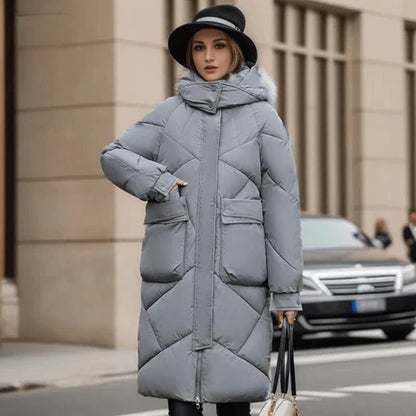 Women’s Coat - Quilted Fabric - Oversized Fit - Hooded - Adjustable Cuffs - Maxi Length