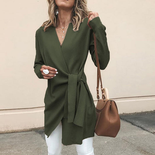 Women's Cardigan – Wrap Model – Soft Knit – V-Neck – Waist Tie – Relaxed Fit
