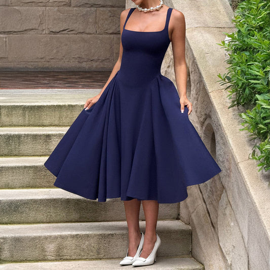 Dress for Women – Midi Length – A-line – Open Back with Bow – Square Neckline