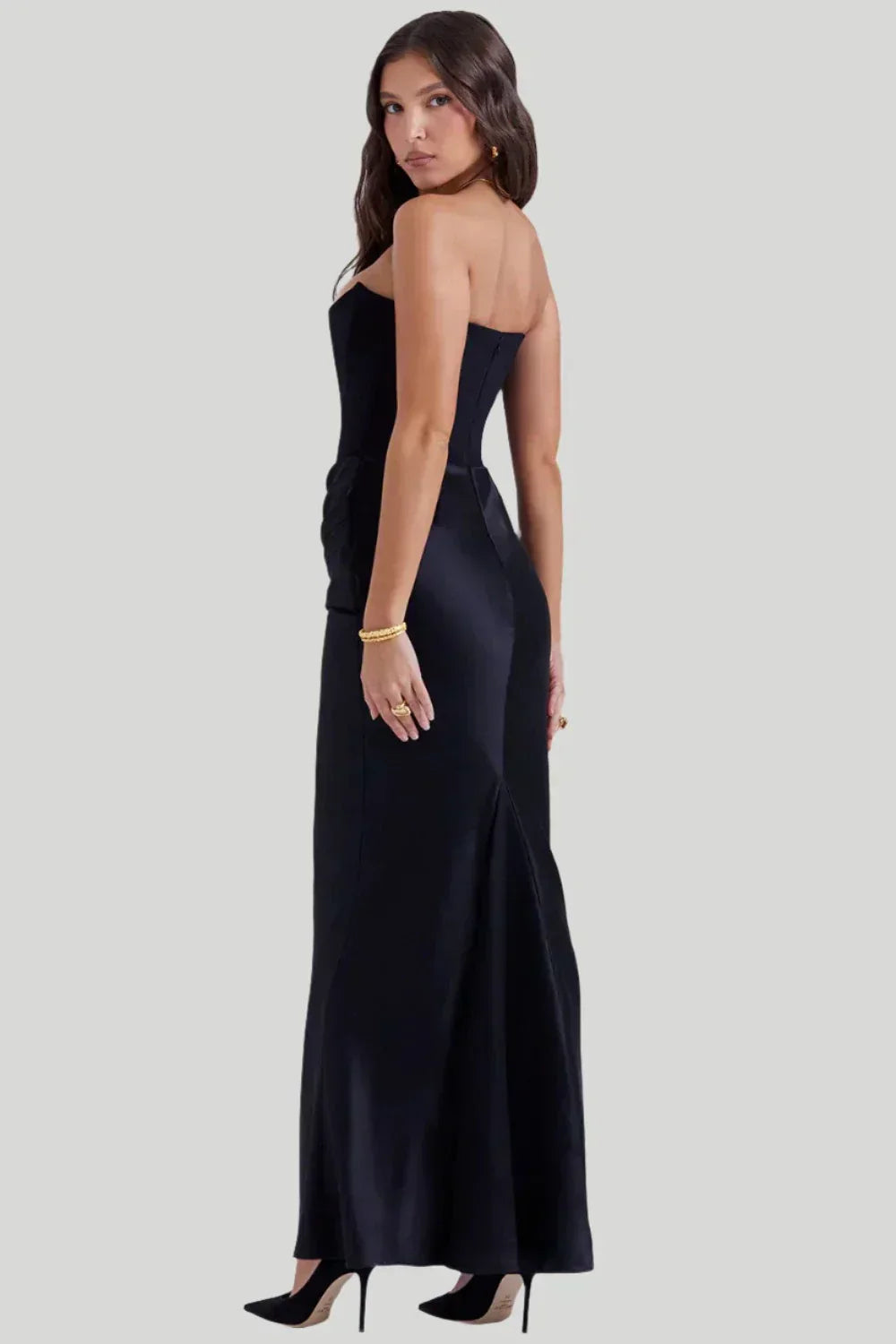 Women's Maxi Dress – Strapless – Tight Fit – Satin Look – Draped Hip