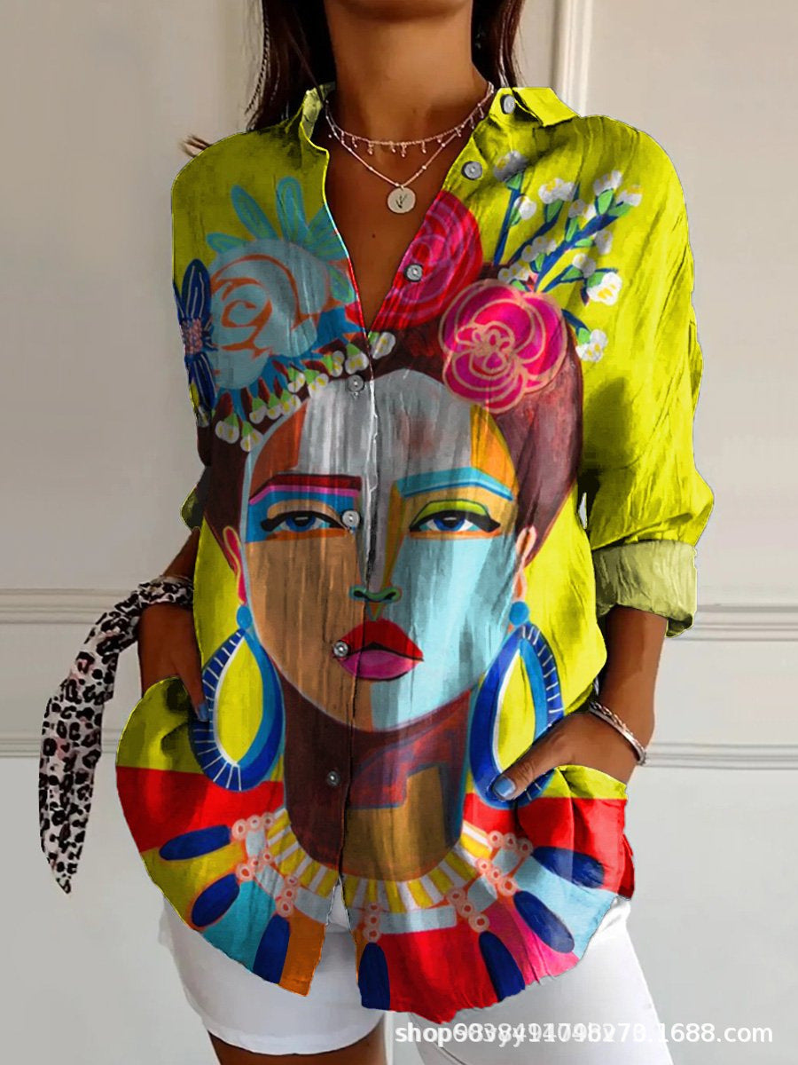 Women's Printed Blouse – Loose Fit – Button Front – Long Sleeves – Lightweight Fabric