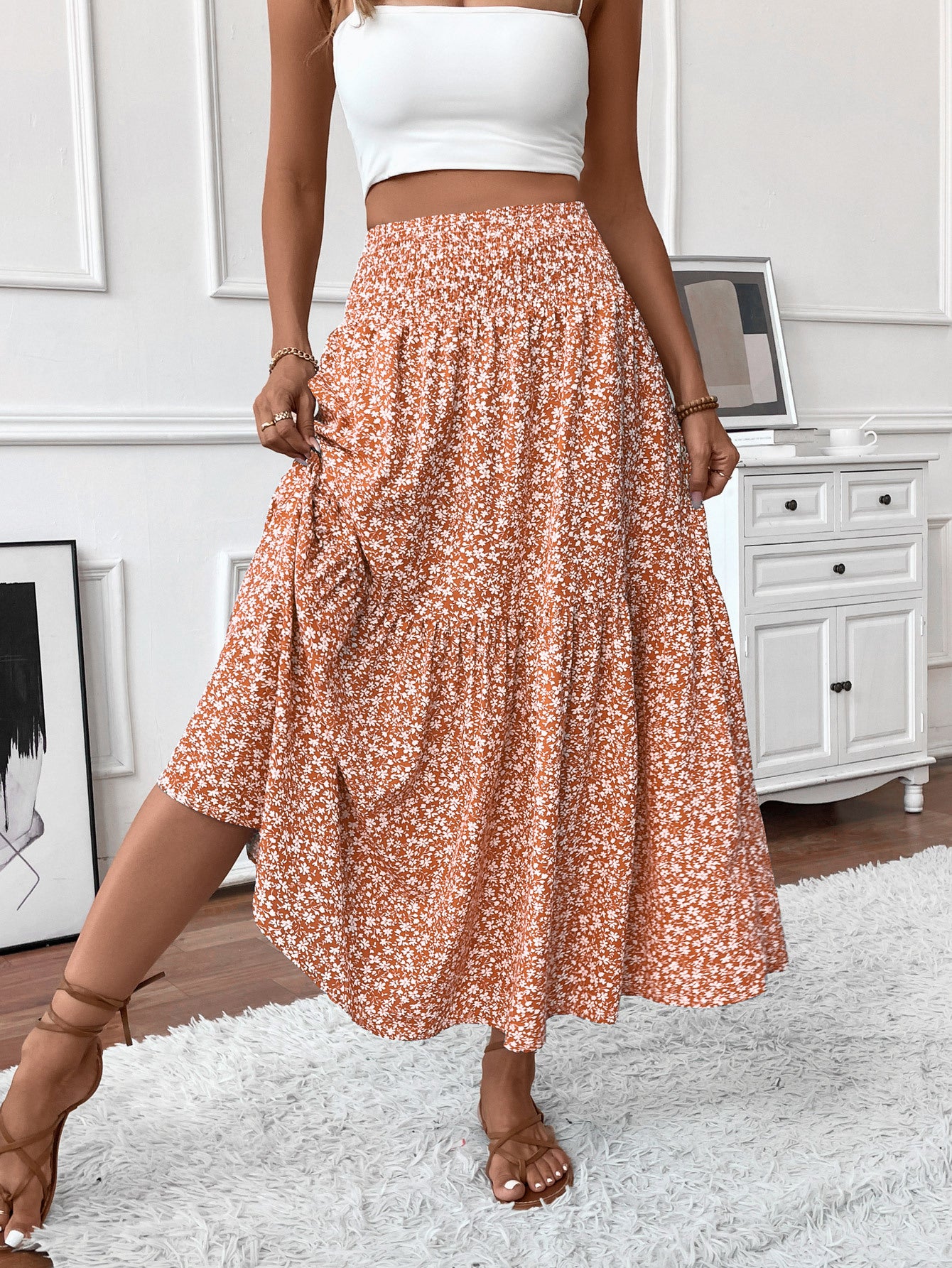 Long Skirt for Women - Elastic Waist - Ruffle Pattern - Floral Print