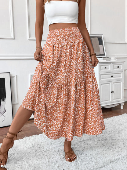 Long Skirt for Women - Elastic Waist - Ruffle Pattern - Floral Print