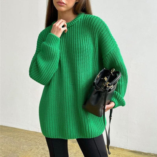 Women's Knitted Sweater - Oversized Fit - Ribbed Knit - Long-Sleeved Crew Neck