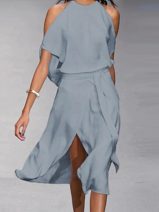 Women's Dress - Halterneck with Open Shoulders - Draped Fit - Front Slit Elegant Design