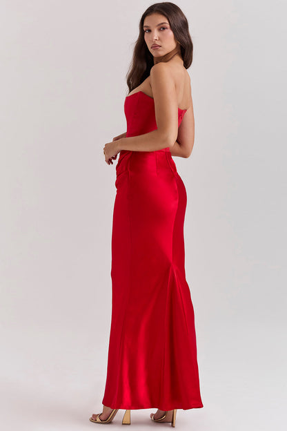 Women's Maxi Dress – Strapless – Satin – Corset Bodice – Slim Fit – Formal