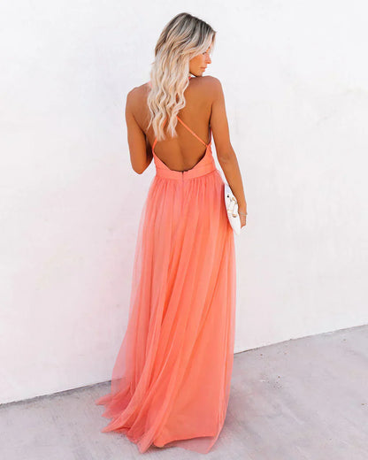 Dress woman long – V-neckline – Spaghetti straps – Light flowing chiffon