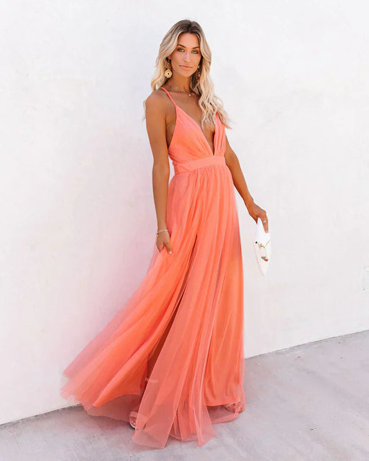 Dress woman long – V-neckline – Spaghetti straps – Light flowing chiffon