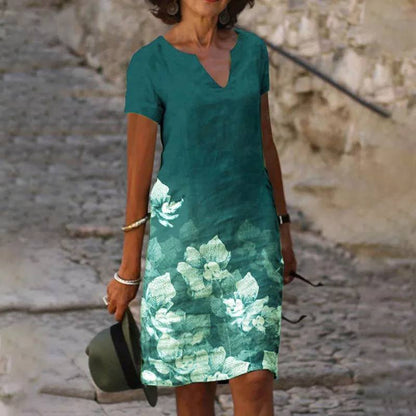 Women's Dress - Floral Cotton - V-neck - Short Sleeve - Straight Fit - Airy and Comfortable