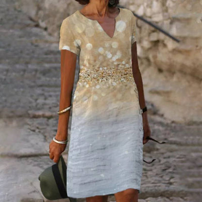 Women's Dress - Floral Cotton - V-neck - Short Sleeve - Straight Fit - Airy and Comfortable