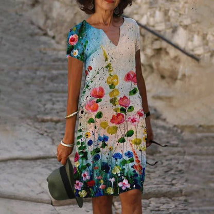 Women's Dress - Floral Cotton - V-neck - Short Sleeve - Straight Fit - Airy and Comfortable