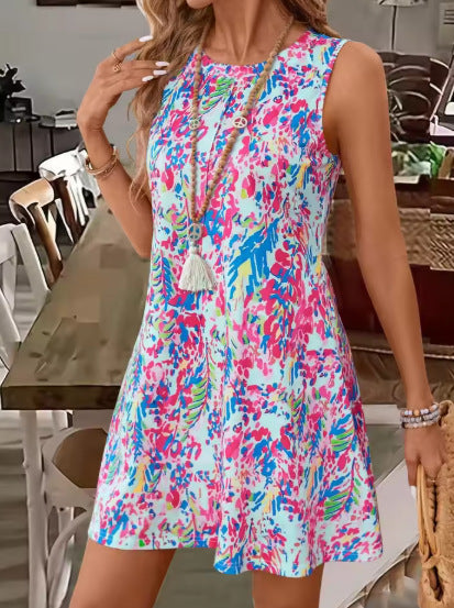 Women's Vest Dress – Relaxed Fit – Sleeveless – Mini Length – Floral Print