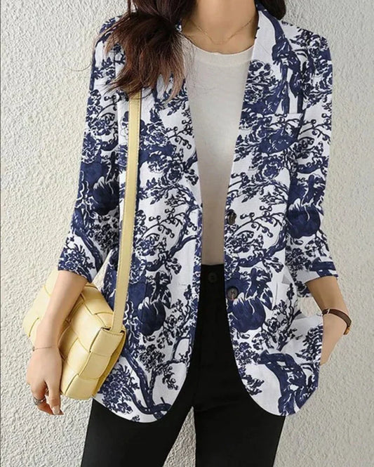 Women's Blazer – Tailored Fit – Floral Print – Light Cotton Blend – 3/4 Sleeve