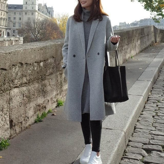 Women's Coat - Long Wool Blend - Double-Breasted - Classic Oversized Fit