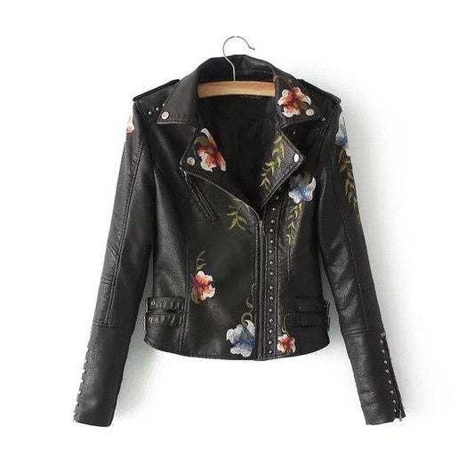 Women's Leather Jacket – Short Fit – Floral Embroidery – Studded Biker Style