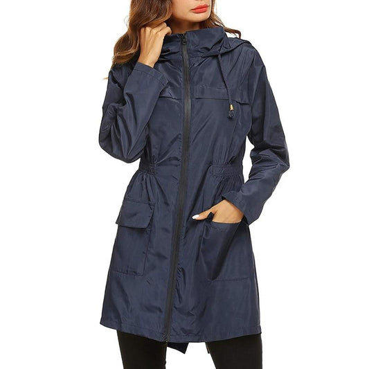 Women's Rain Jacket – Water-Repellent Lightweight Fabric – Adjustable Hood – Mid-Thigh Length