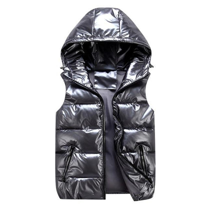 Men's Down Vest – Relaxed Fit – Glossy Wind-Resistant Fabric – Padded Hood