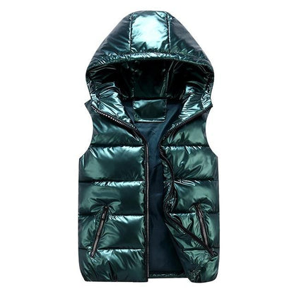 Men's Down Vest – Relaxed Fit – Glossy Wind-Resistant Fabric – Padded Hood