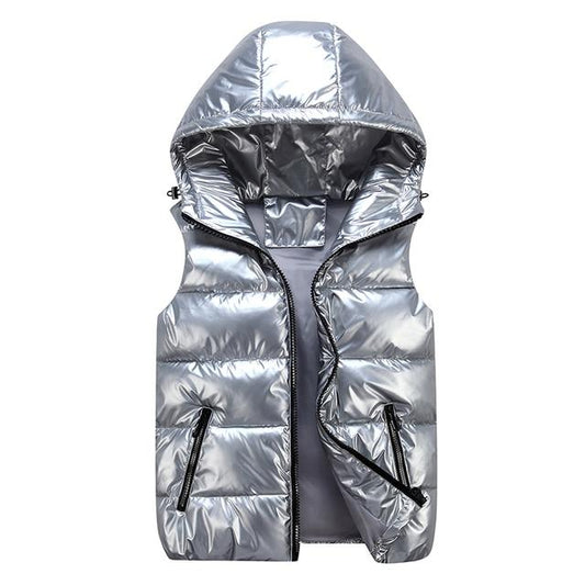 Men's Down Vest – Relaxed Fit – Glossy Wind-Resistant Fabric – Padded Hood