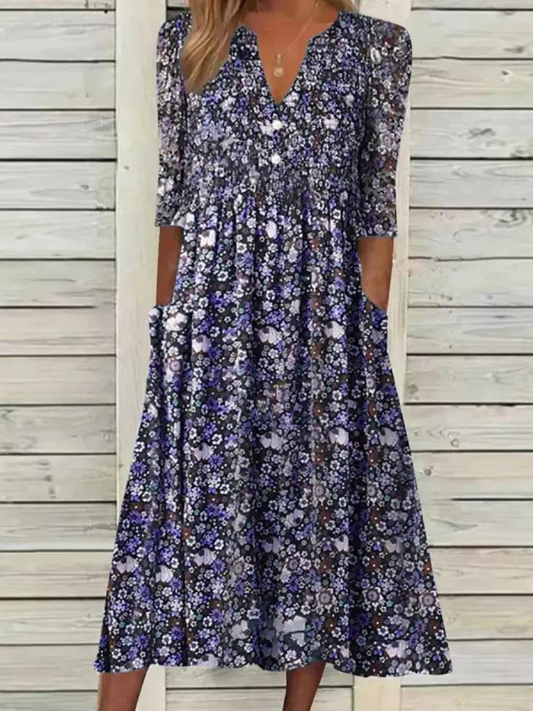 Dress for Women - Midi Length - V-neck - Floral Print - A-line Fit - 3/4 Sleeves