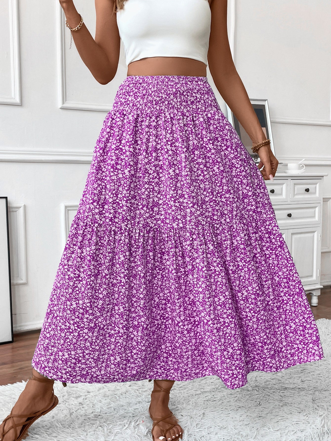 Long Skirt for Women - Elastic Waist - Ruffle Pattern - Floral Print