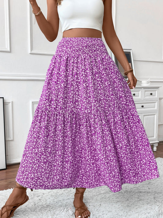 Long Skirt for Women - Elastic Waist - Ruffle Pattern - Floral Print