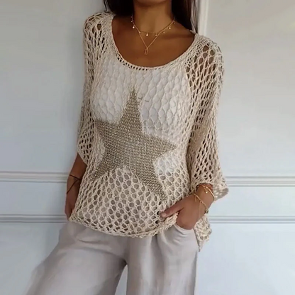 Women's Crop Top – Open-Knit Mesh – Relaxed Fit – 3/4 Sleeve – Star Motif