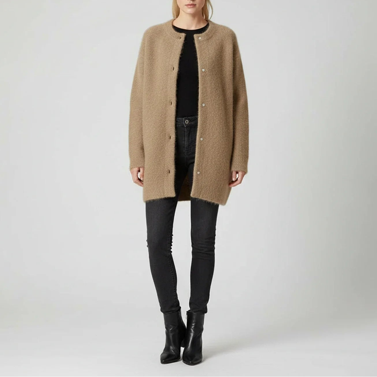 Clara Oversized Cardigan | Button-Down Collarless Knitwear